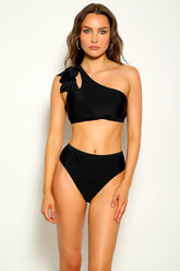 Black Cut Out Ruffled One Shoulder Two Piece Swimsuit Areous